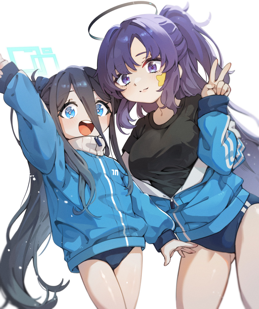 2girls 2ta2ta :d alternate_costume aris_(blue_archive) arm_up black_hair black_halo black_shirt blue_archive blue_buruma blue_eyes blue_halo blue_jacket breasts bright_pupils buruma closed_mouth gym_shirt hair_between_eyes halo highres jacket long_hair looking_at_viewer mechanical_halo medium_breasts multiple_girls official_alternate_costume open_mouth purple_eyes purple_hair round_teeth shirt simple_background smile star_sticker sticker_on_face teeth thighs track_jacket upper_teeth_only v very_long_hair white_background white_pupils yuuka_(blue_archive) yuuka_(track)_(blue_archive)