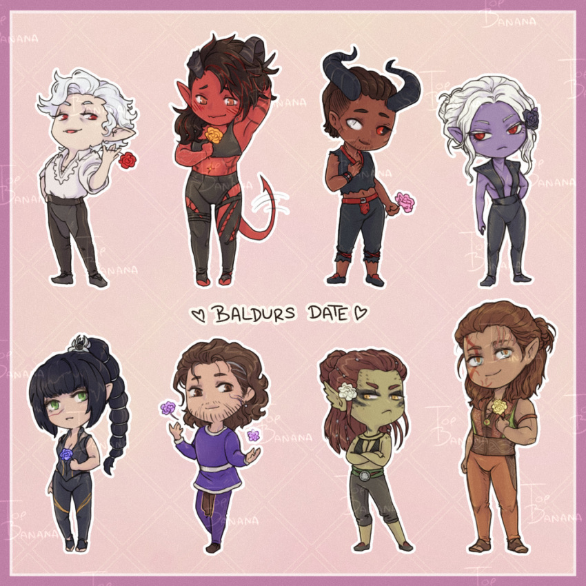 4boys 4girls :&lt; :d armpits astarion baldur's_gate baldur's_gate_3 bare_shoulders beard black_hair black_pants black_sclera black_shirt breasts broken_horn brown_eyes brown_hair brown_pants chibi cleavage colored_sclera colored_skin crop_top dark-skinned_male dark_skin demon_girl demon_tail dungeons_and_dragons facial_hair flower frown gale_(baldur's_gate) gee_(topbanana_jam) green_skin grey_eyes hair_bun hair_flower hair_ornament halsin heterochromia highres holding holding_flower horns karlach lae'zel long_hair medium_hair messy_hair minthara multiple_boys multiple_girls navel pants pointy_ears ponytail purple_pants purple_shirt purple_skin red_eyes red_skin shadowheart_(baldur's_gate) shirt short_hair single_hair_bun smile stubble tail tiefling white_flower white_hair white_shirt wyll_(baldur's_gate) yellow_flower