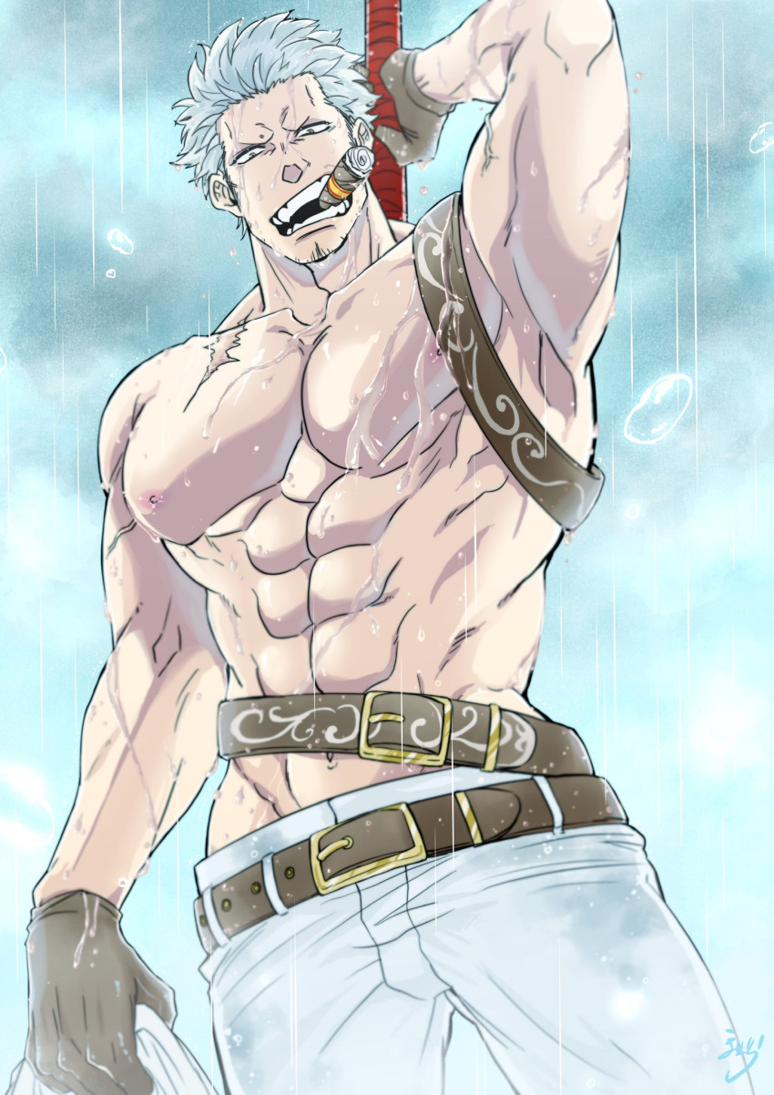 1boy abs bara facial_hair fighting_stance from_below highres large_pectorals male_focus mature_male medium_sideburns muscular muscular_male navel nipples one_piece pants pectorals rain ready_to_draw sanpaku scar scar_on_face scar_on_forehead short_hair sideburns_stubble smoker_(one_piece) solo sparse_stubble stitches stubble topless_male tsurime wet white_hair wol_1014
