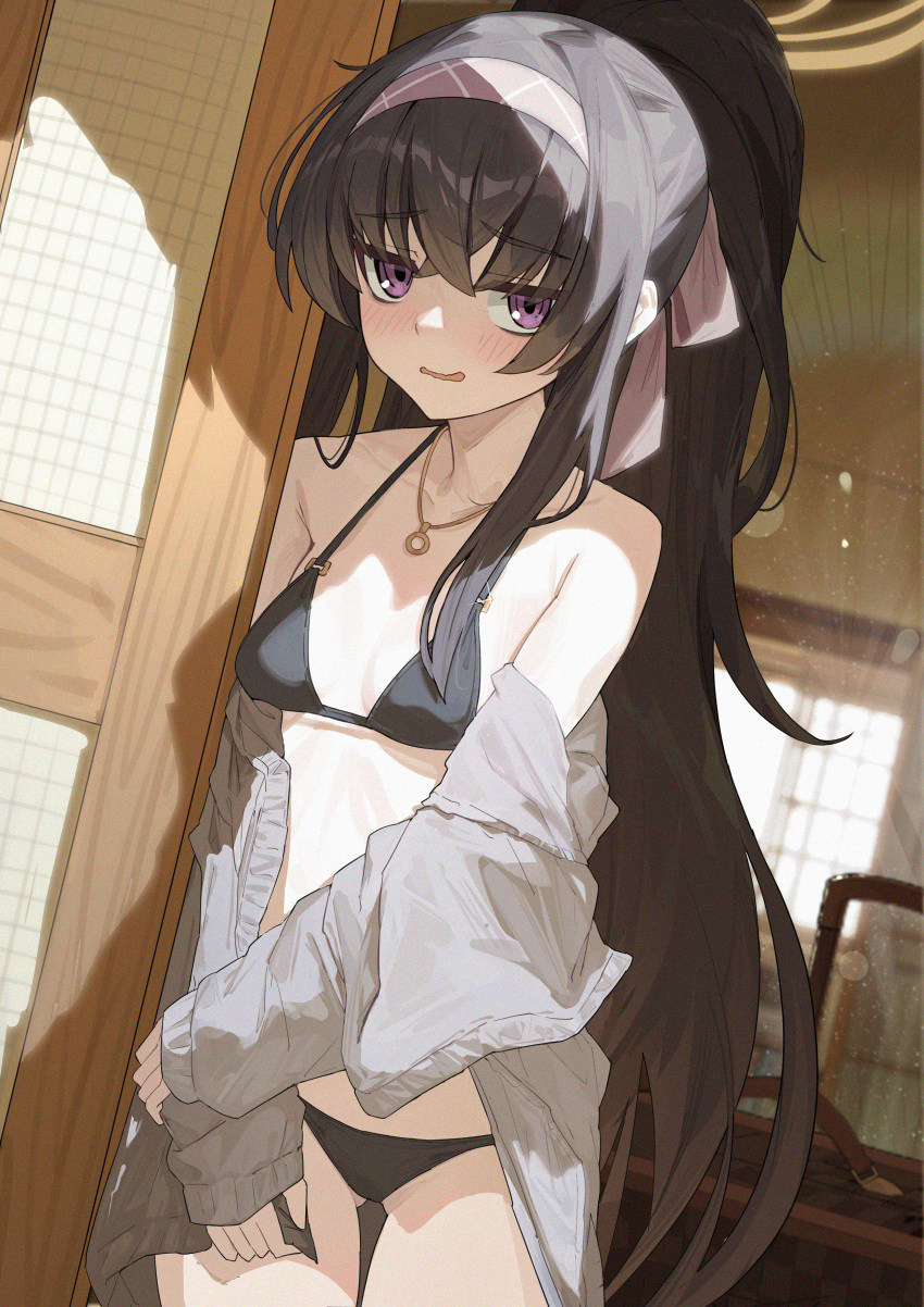 1girl absurdres bikini black_bikini black_hair blue_archive blush breasts cowboy_shot grey_jacket hairband halo highres jacket jewelry long_hair long_sleeves looking_at_viewer official_alternate_costume open_clothes open_jacket open_mouth pendant ponytail purple_eyes purple_hairband small_breasts solo swimsuit ui_(blue_archive) ui_(swimsuit)_(blue_archive) yu_yu_ren_sanjin