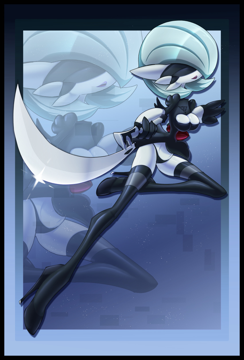 absurd_res blindfold blowup_background boots breasts clothing female footwear gardevoir generation_3_pokemon hair hi_res high_heeled_boots high_heels humanoid legwear nier_automata nintendo not_furry open_mouth pokemon pokemon_(species) simple_background solo stockings text warlocke white_body white_hair