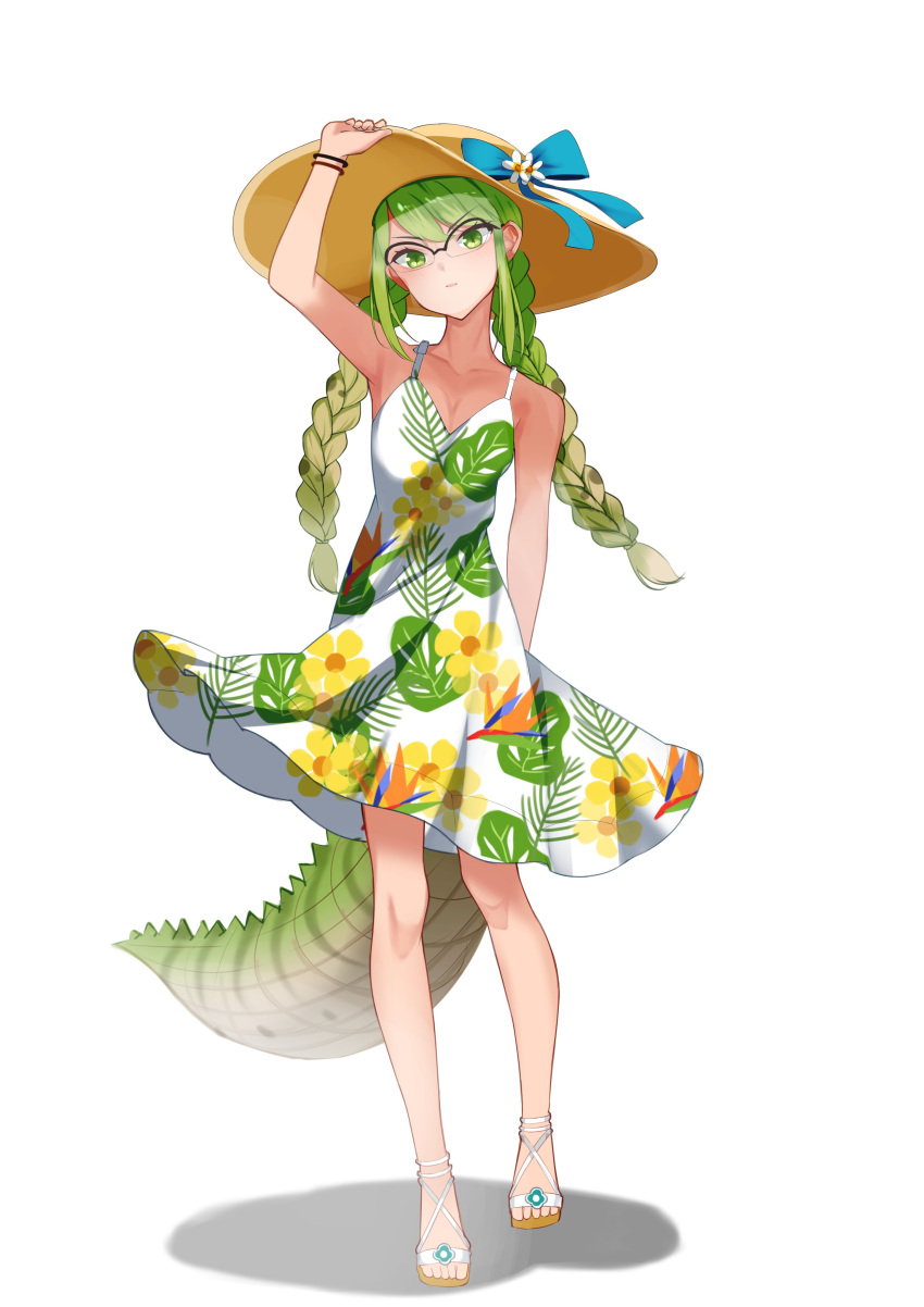 absurdres bare_arms bare_legs bare_shoulders blue_bow blush bow braid collarbone commission dress floral_print glasses green_eyes green_hair haigoma hand_on_headwear hat hat_bow highres kemono_friends kemono_friends_3 leaf_print lizard_tail long_hair looking_at_viewer official_alternate_costume reptile_girl sandals skeb_commission spaghetti_strap spectacled_caiman_(kemono_friends) sun_hat sundress tail twin_braids white_dress white_footwear