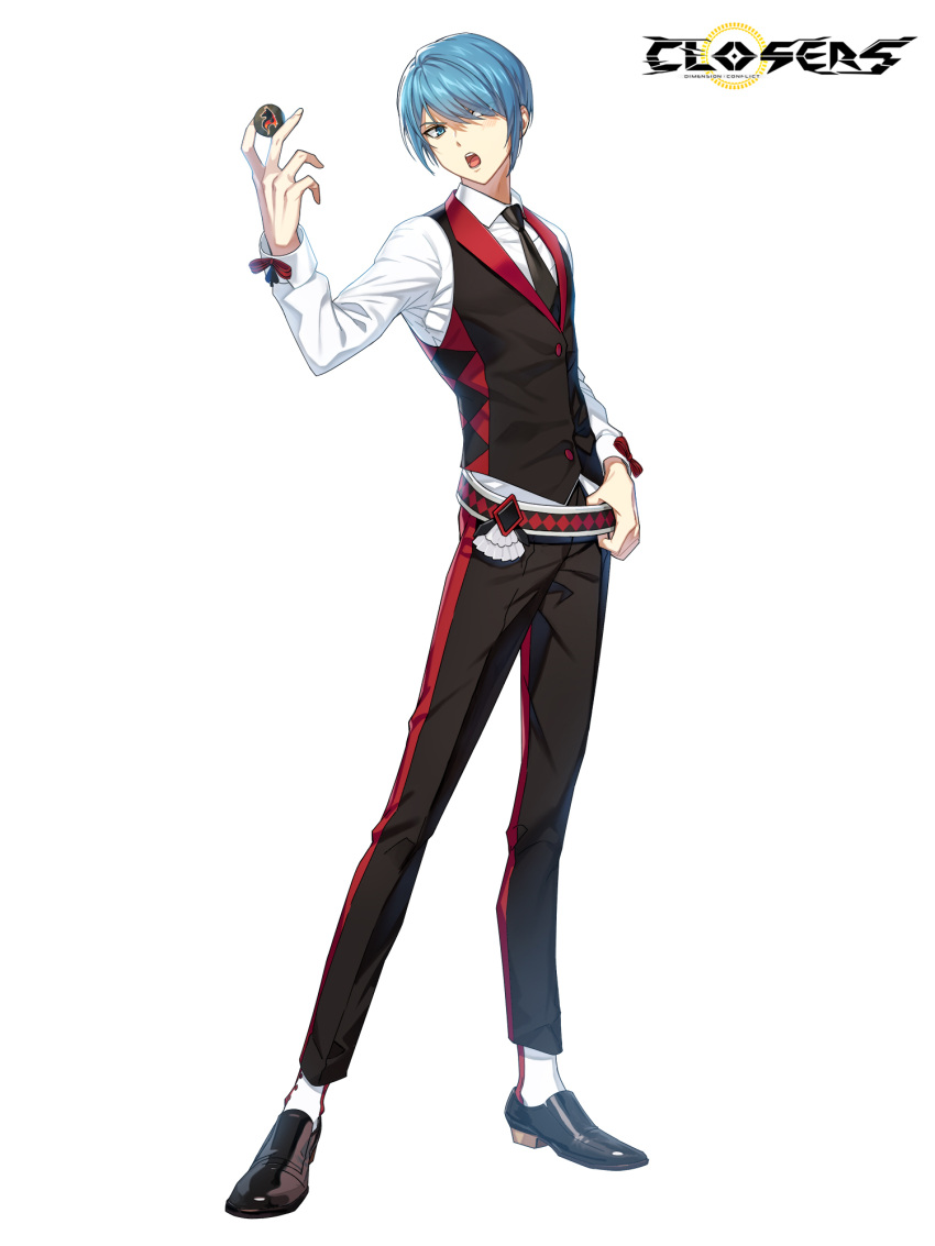 1boy :o belt between_fingers black_belt black_footwear black_necktie black_pants black_vest blue_eyes blue_hair blush bow closers collared_shirt copyright_name croupier dress_pants dress_shirt dress_shoes full_body hair_over_one_eye hand_on_belt hand_up highres holding holding_belt legs_apart logo long_sleeves looking_at_viewer male_focus nata_(closers) necktie official_art open_mouth pants poker_chip red_bow shirt short_hair socks solo standing swept_bangs tachi-e teeth upper_teeth_only v-shaped_eyebrows vest waistcoat white_background white_shirt white_socks wrist_bow