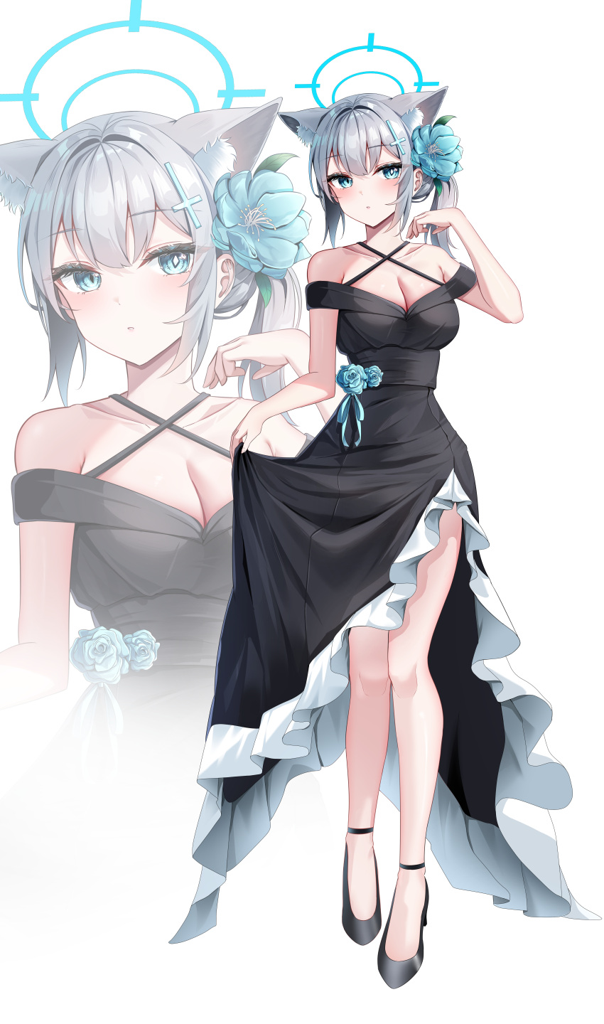 1girl absurdres animal_ear_fluff animal_ears black_dress black_footwear blue_archive blue_eyes blue_flower blue_halo blush breasts cleavage collarbone cross_hair_ornament dress extra_ears flower grey_hair hair_flower hair_ornament halo high_heels highres li_se low_ponytail medium_breasts medium_hair parted_lips shiroko_(blue_archive) simple_background solo white_background wolf_ears zoom_layer
