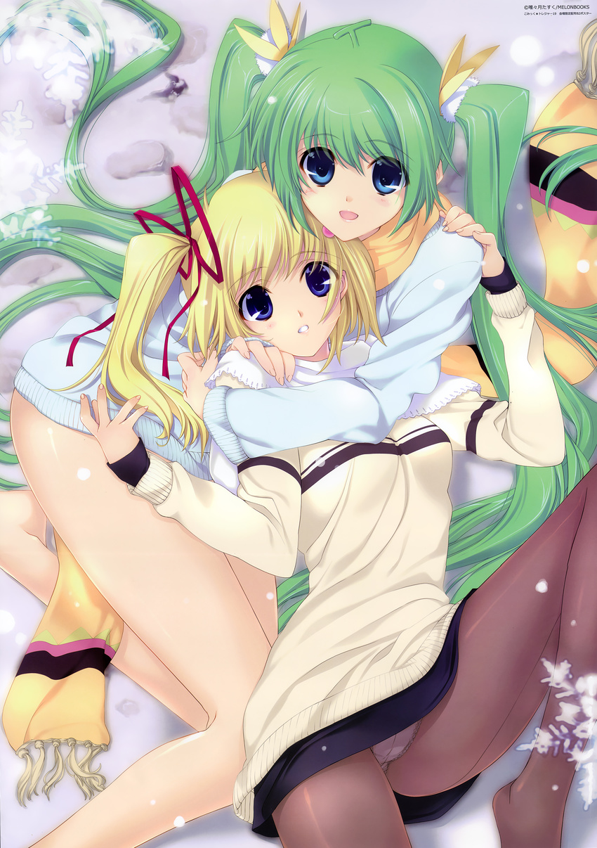 absurdres bare_legs black_legwear blonde_hair blue_eyes bow crotch_seam dress green_hair hair_ribbon highres iizuki_tasuku lemon-chan long_hair looking_at_viewer lying melon-chan melonbooks multiple_girls on_back panties panties_under_pantyhose pantyhose pantyshot ribbon scarf smile snow snowflakes sweater sweater_dress twintails underwear very_long_hair white_panties yellow_bow yellow_scarf