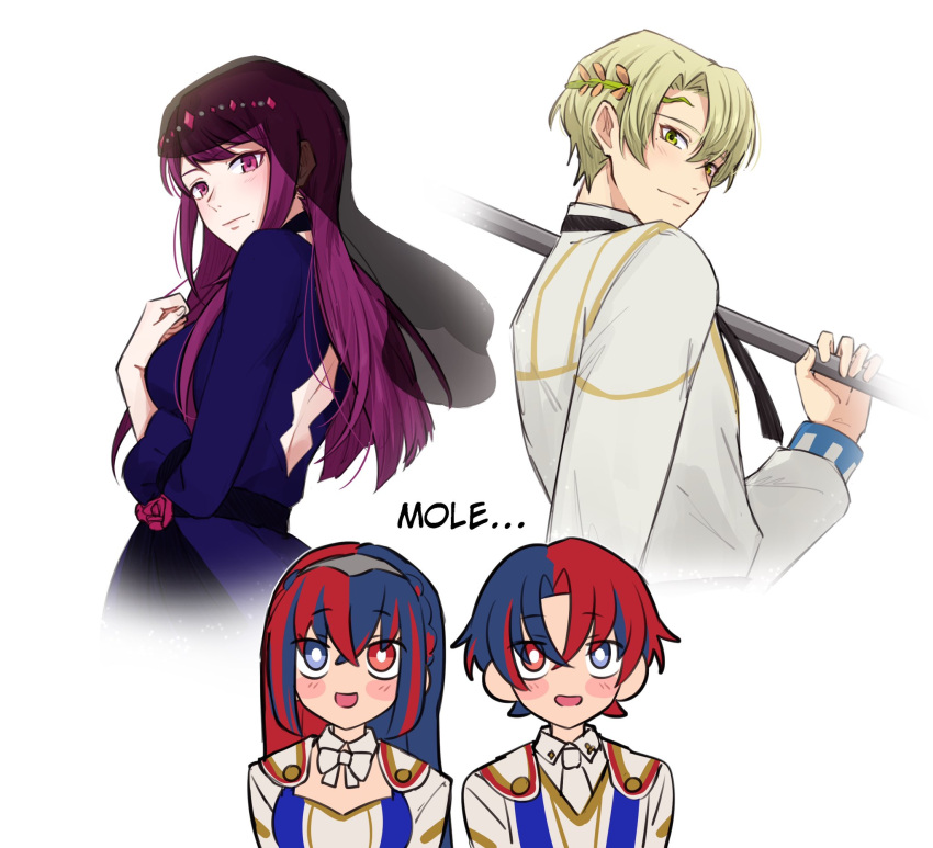 2boys 2girls alear_(female)_(fire_emblem) alear_(fire_emblem) alear_(male)_(fire_emblem) alfred_(fire_emblem) blonde_hair blue_eyes blue_hair blush closed_mouth fire_emblem fire_emblem_engage green_eyes heterochromia highres ivy_(fire_emblem) long_hair merylemons mole mole_under_eye mole_under_mouth multicolored_hair multiple_boys multiple_girls official_alternate_costume purple_eyes purple_hair red_eyes red_hair short_hair smile split-color_hair tiara two-tone_hair veil white_background