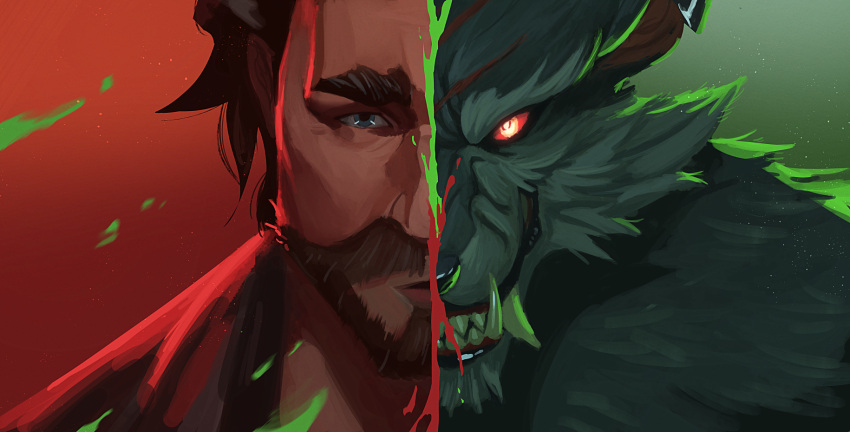 2boys arcane:_league_of_legends beard body_fur brown_hair closed_mouth colored_sclera commentary english_commentary facial_hair fangs full_beard green_background green_theme grey_fur hair_slicked_back highres kurooobunbun league_of_legends looking_at_viewer multiple_boys red_background red_sclera red_theme scar scar_on_face sharp_teeth short_hair split split_screen teeth thick_eyebrows vander_(arcane) warwick werewolf yellow_eyes