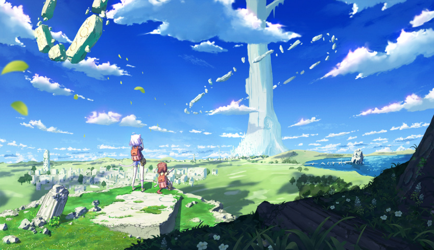 2girls backpack bag blue_sky brown_hair cat_girl cat_tail cliff cloud cloudy_sky day dog_girl dog_tail falling_leaves fantasy floating floating_object grass hololive inugami_korone leaf megastructure multiple_girls nekomata_okayu nokisaki_nibosi on_grass outdoors pointing purple_hair scenery sitting sky standing tail very_wide_shot virtual_youtuber wide_shot