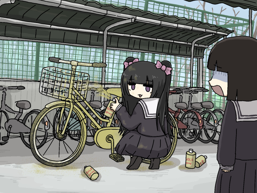 2girls :3 bicycle bicycle_rack black_hair black_skirt blunt_bangs blunt_ends bow can fuchina_(fucinami) full_body hair_bow hand_up highres holding holding_can looking_at_another looking_at_viewer multiple_girls original outdoors pink_bow pleated_skirt sailor_collar sayu-chan_(fuchina) school_uniform short_hair skirt solid_eyes spray_paint squatting surprised two_side_up white_sailor_collar yato-chan_(fuchina)