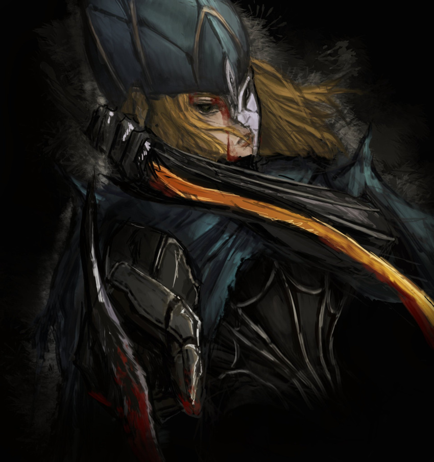 1girl black_background black_headwear black_sclera blonde_hair broken_mask colored_sclera dark_souls_(series) dark_souls_i dual_wielding highres holding holding_sword holding_weapon long_hair lord's_blade_ciaran mask red_eyes satsu-strive solo sword weapon