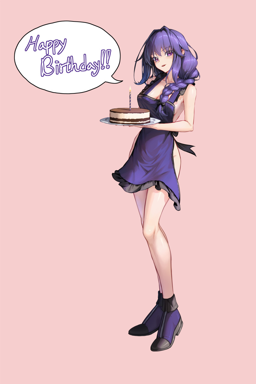 1girl absurdres apron bare_arms bare_legs bare_shoulders bowlp braid commentary fossil_maiden happy_birthday hellsinker highres long_hair looking_at_viewer parted_lips pink_background plate purple_apron purple_eyes purple_footwear purple_hair shoes simple_background smile solo speech_bubble thighs