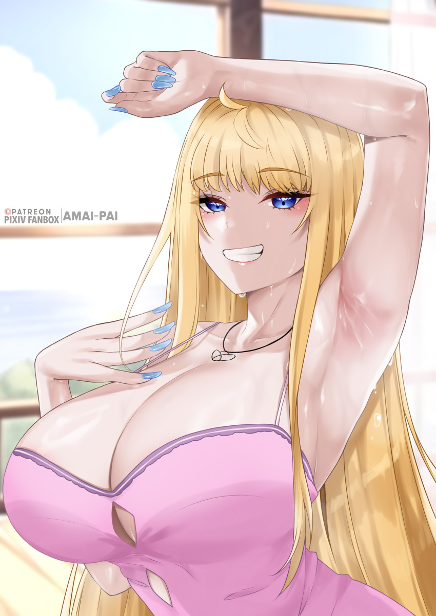 1girl absurdres ahoge amai-pai arm_up armpit_focus armpits bare_shoulders blonde_hair blue_eyes blue_nails breasts cleavage cleavage_cutout clothing_cutout collarbone dosanko_gyaru_wa_namaramenkoi dress fake_nails fuyuki_minami grin highres huge_breasts jewelry long_hair looking_at_viewer nail_polish necklace patreon_username pink_dress sky smile solo spaghetti_strap sweat upper_body window