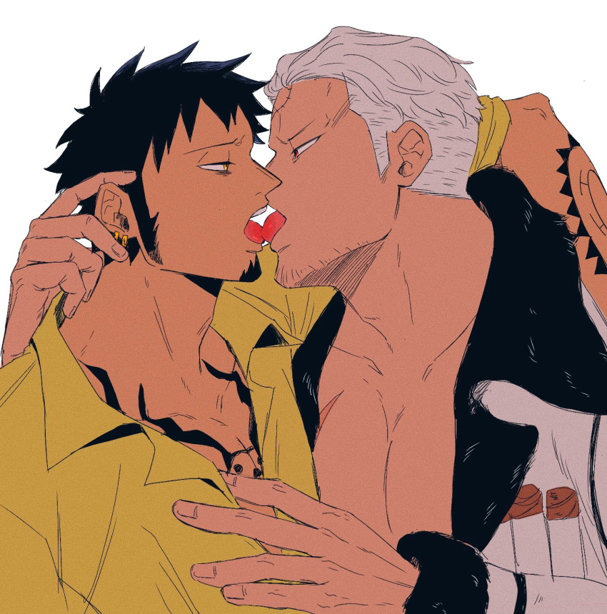 2boys bara couple dark-skinned_male dark_skin eye_contact facial_hair french_kiss from_side goatee half-closed_eyes hand_on_another's_ear highres kiss large_pectorals looking_at_another male_focus mature_male medium_sideburns multiple_boys muscular muscular_male one_piece pectoral_cleavage pectorals scar scar_on_face scar_on_forehead short_hair sideburns_stubble smoker_(one_piece) sparse_stubble stitches stubble toitoi_33 tongue tongue_out trafalgar_law tsurime upper_body white_hair yaoi