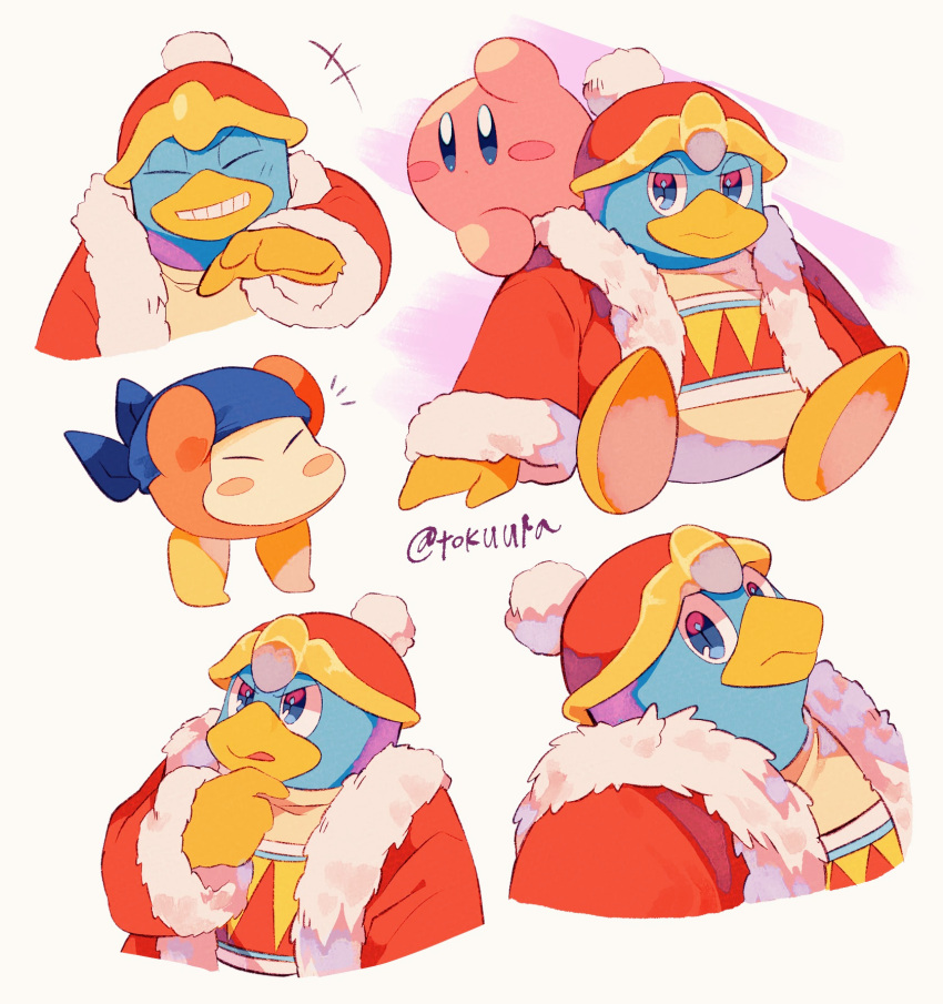 +++ :o ^_^ arms_up artist_name bandana bandana_waddle_dee blue_bandana blue_eyes blush blush_stickers closed_eyes closed_mouth commentary_request cropped_torso expressionless fur-trimmed_jacket fur-trimmed_sleeves fur_trim grin hand_on_own_chin hand_up hat highres jacket king_dedede kirby kirby_(series) long_sleeves looking_at_viewer multiple_views notice_lines open_clothes open_jacket open_mouth pink_background pom_pom_(clothes) red_headwear red_jacket simple_background sitting smile standing teeth tiptoes tokuura twitter_username upper_body v-shaped_eyebrows white_background