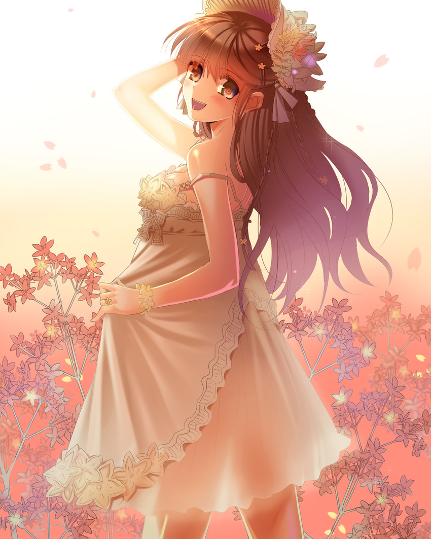 arm_up bad_id bad_pixiv_id bare_shoulders blush bracelet brown_eyes brown_hair dress dress_lift flower hair_ornament hairclip hat highres jewelry ktsis long_hair looking_back open_mouth original smile solo strap_slip