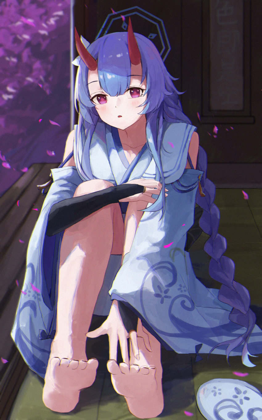 1girl bare_shoulders barefoot blue_archive blue_hair blush braid bridal_gauntlets chise_(blue_archive) collarbone detached_sleeves highres horns jianjia long_hair looking_at_viewer open_mouth red_eyes red_horns sailor_collar scroll sitting soles solo toes twin_braids white_sailor_collar white_sleeves wide_sleeves