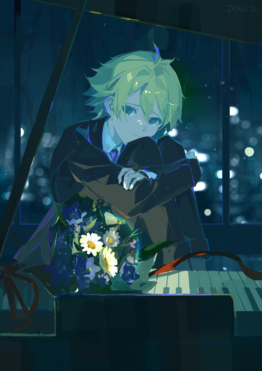 1boy absurdres alternate_hair_length alternate_hairstyle aqua_eyes black_jacket black_pants blue_flower blurry bokeh collared_shirt commentary_request depth_of_field english_commentary flower frown highres hugging_own_legs indoors instrument irple jacket kagamine_len knees_up long_sleeves looking_at_viewer male_focus mixed-language_commentary necktie night pants piano red_ribbon ribbon sad self_hug shirt sitting solo vocaloid white_flower white_shirt wind