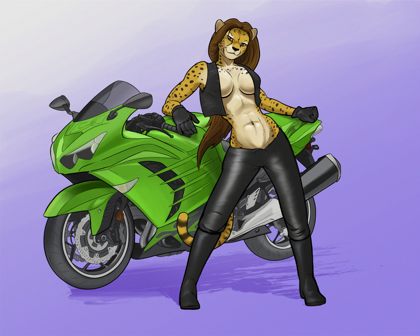 abs adonis bike biker boots breasts brown_hair cheetah cleavage clothed clothing feline female gloves hair invalid_tag leather mammal motorcycle pants pose skimpy smile solo spots vest