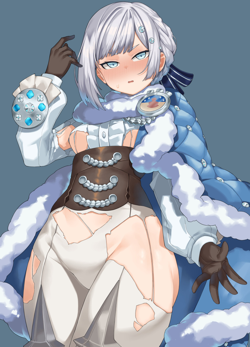 1girl absurdres akershus_fortress_(oshiro_project) aqua_eyes badge black_corset black_gloves blue_cape blue_cloak blush bodysuit braid breasts cape center_frills cloak corset fluff frilled_shirt frills fur-trimmed_cape fur-trimmed_cloak fur_trim gloves grey_hair hai_ookami hair_ornament hand_up highres long_sleeves looking_up oshiro_project:re padded_cloak puffy_long_sleeves puffy_sleeves ribbon shirt solo striped_ribbon sweat thighs tight_clothes torn torn_bodysuit torn_clothes white_bodysuit white_shirt