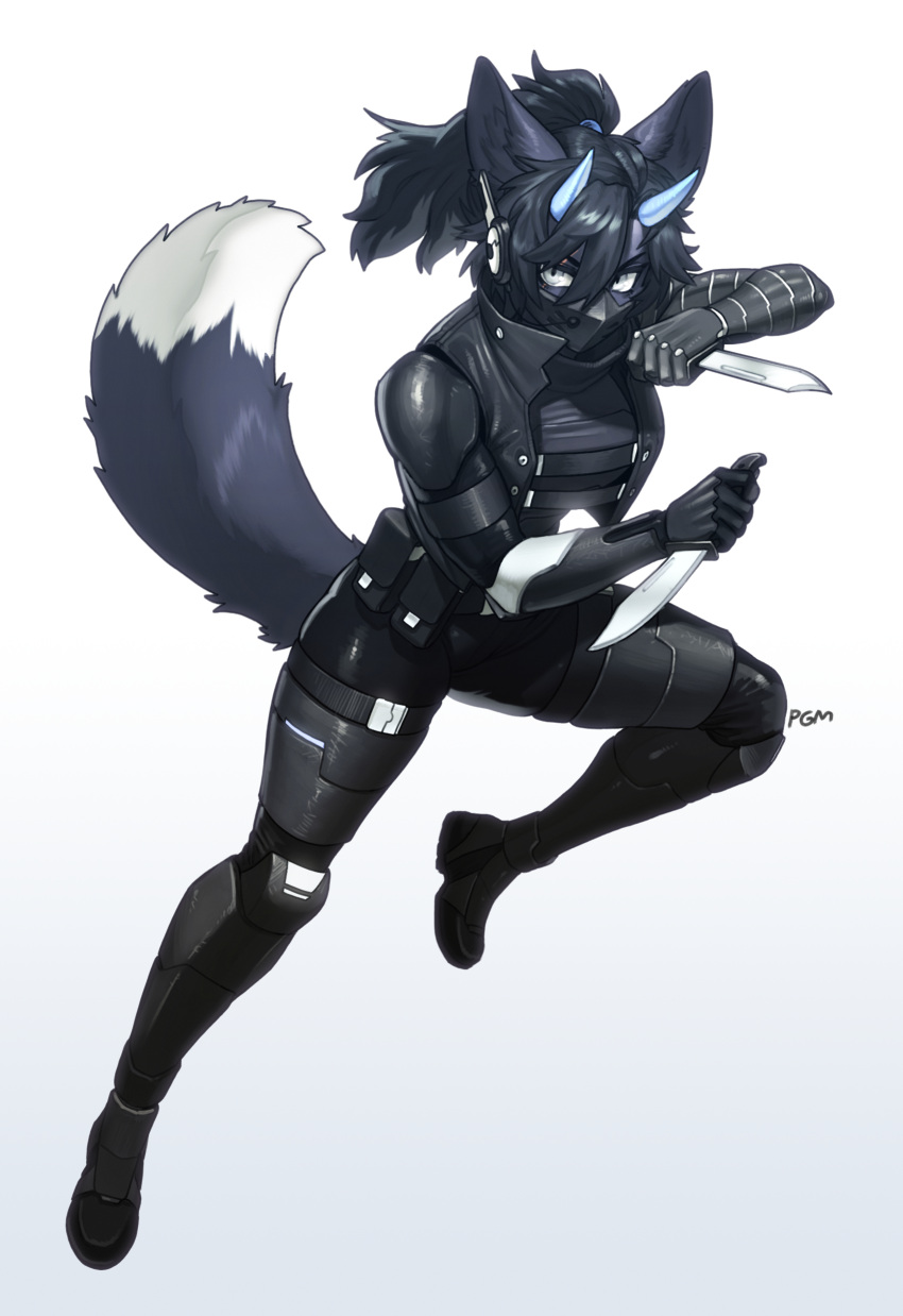 absurd_res anthro armor athletic athletic_female black_body black_fur black_hair canid canine cybernetic_arm cybernetic_limb electronics female fur grey_eyes hair headgear headphones headset hi_res horn knife looking_at_viewer mammal mask mechanical_arm pgm300 pockets ponytail robotic_arm shoulder_pads solo wolf_ears wolf_tail