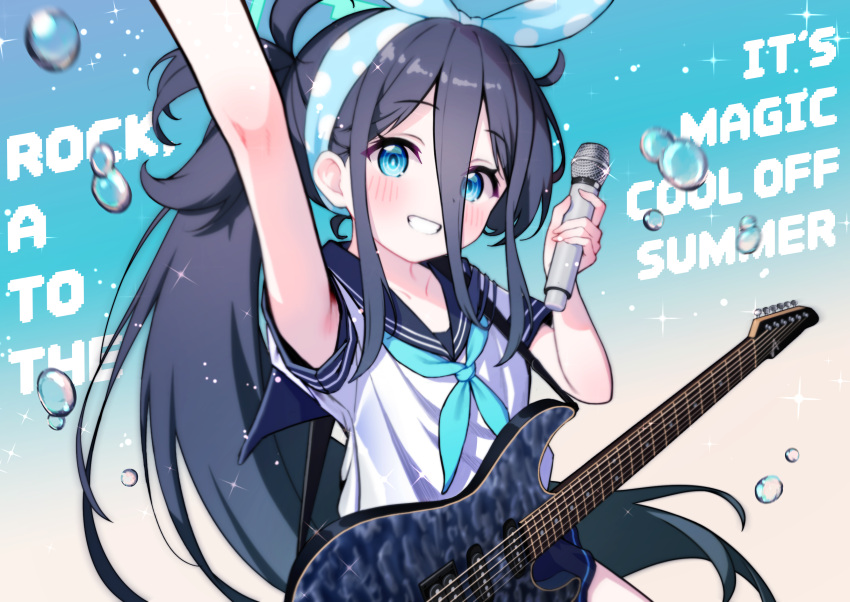 1girl absurdres alternate_costume aris_(blue_archive) armpits black_hair black_skirt blue_archive blue_eyes blue_headband blue_neckerchief english_text guitar hand_up headband highres holding holding_microphone instrument long_hair long_hair_between_eyes looking_at_viewer microphone neckerchief ponytail sailor_collar sailor_shirt shirt skirt smile solo supersugar teeth very_long_hair water_drop white_shirt