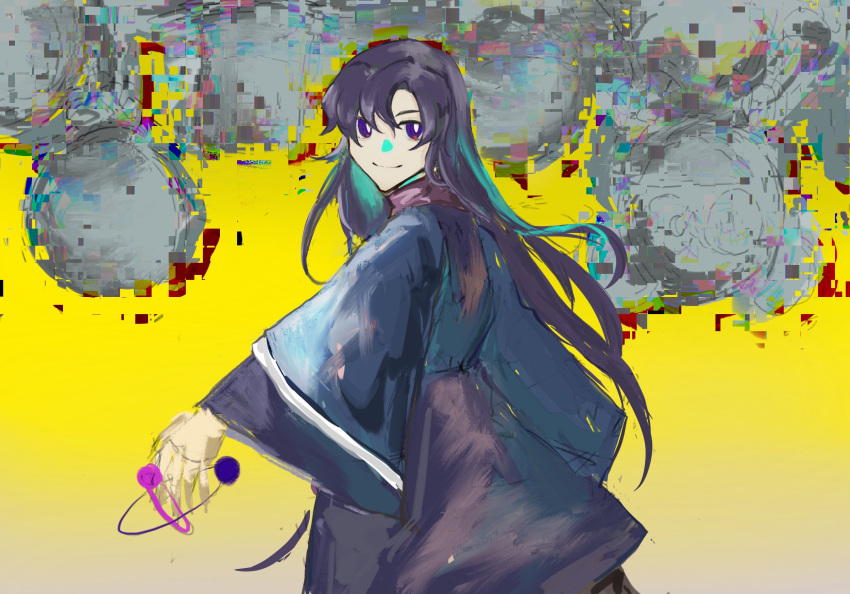 1other androgynous blue_capelet capelet clause_(len'en) closed_mouth coat die8634626 glitch highres len'en long_hair long_sleeves looking_at_viewer other_focus pink_shirt purple_coat purple_eyes purple_hair shirt sketch smile solo swept_bangs white_trim wide_sleeves
