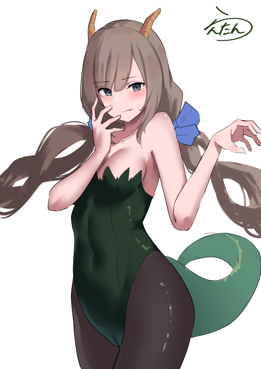 1girl absurdres alternate_costume bare_shoulders black_pantyhose blue_bow blue_eyes bow breasts dragon_horn dragon_tail green_leotard hair_bow highres kantai_collection lanthan leotard long_hair low_twintails maryland_(kancolle) medium_breasts nontraditional_playboy_bunny one-hour_drawing_challenge pantyhose solo strapless strapless_leotard tail twintails
