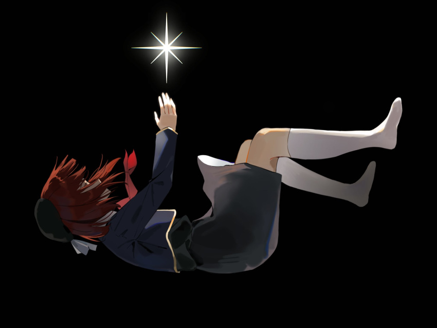 1girl arima_kana beret black_background black_headwear blue_vest bob_cut falling full_body grey_skirt hat hat_ribbon highres inverted_bob oshi_no_ko red_hair redlittleplum ribbon school_uniform short_hair skirt socks solo star_(symbol) vest white_socks youtou_high_school_uniform