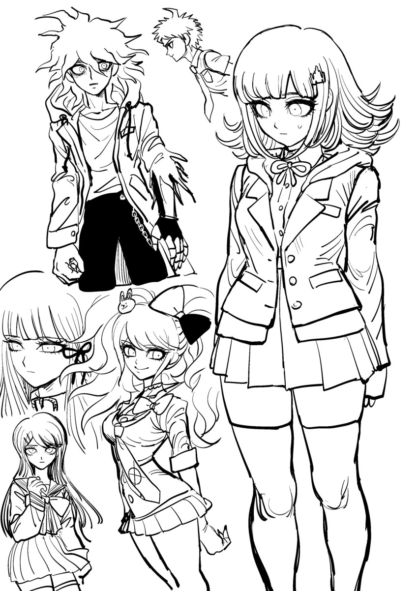 2boys 4girls ahoge blunt_bangs bow collarbone danganronpa:_trigger_happy_havoc danganronpa_(series) danganronpa_2:_goodbye_despair danganronpa_3_(anime) enoshima_junko feet_out_of_frame flipped_hair greyscale hair_bow hair_ornament hair_ribbon hairclip highres hinata_hajime hood hood_down hope's_peak_academy_school_uniform jacket kirigiri_kyoko komaeda_nagito long_hair long_sleeves maizono_sayaka mechanical_arms medium_hair messy_hair miniskirt monochrome multiple_boys multiple_girls nanami_chiaki open_clothes open_jacket pants ribbon sailor_collar school_uniform shirt short_hair single_mechanical_arm skirt smile spaceship_hair_ornament thighhighs twintails uranagi_(uranaginasi) zettai_ryouiki