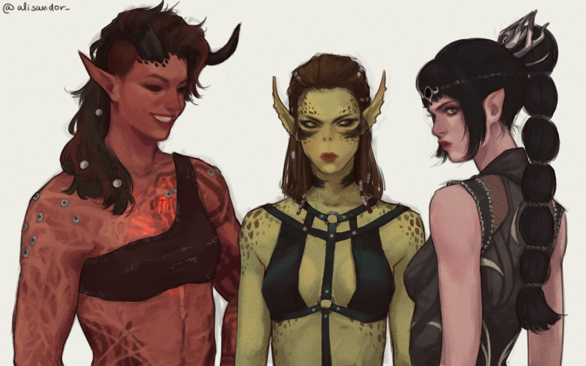 3girls alisandor baldur's_gate baldur's_gate_3 bare_arms bare_shoulders black_hair blunt_bangs braid braided_ponytail breasts broken_horn brown_hair closed_mouth collarbone dungeons_and_dragons elf gith_(dungeons_and_dragons) green_eyes grin hair_ornament highres horns karlach lae'zel long_hair long_pointy_ears looking_at_another medium_breasts multiple_girls o-ring pointy_ears shadowheart_(baldur's_gate) simple_background smile teeth tiefling upper_body