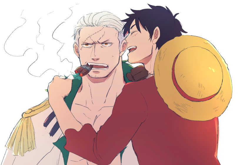 2boys blush facial_hair hand_on_another's_shoulder happy looking_ahead male_focus mature_male medium_sideburns monkey_d._luffy multiple_boys one_piece pectoral_cleavage pectorals scar scar_on_face scar_on_forehead short_hair sideburns_stubble smoker_(one_piece) sparse_stubble stitches stubble tsurime upper_body white_hair yamakazi47 yaoi