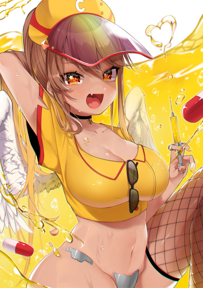 1girl :d absurdres arm_up black_choker breasts brown_hair choker cleavage commentary_request crop_top eyewear_hang fang fishnet_thighhighs fishnets highres holding knee_up large_breasts long_hair looking_at_viewer medicine navel negi-mamire nurse open_mouth orange_eyes original pasties shirt short_sleeves smile solo stomach sunglasses syringe thighhighs thighs unworn_eyewear visor_cap wings yellow_shirt