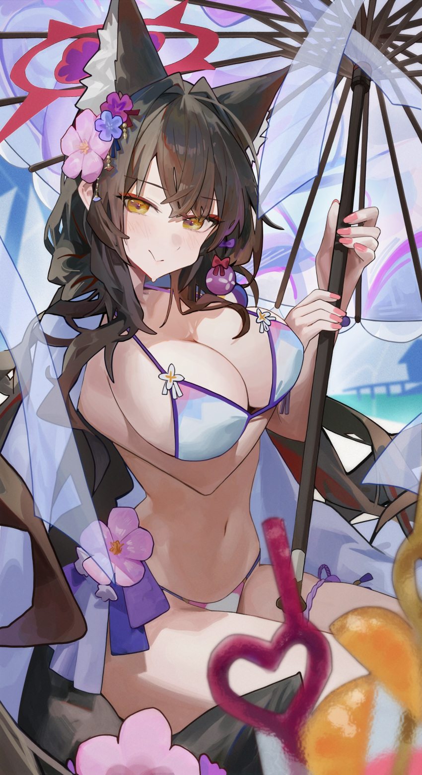 1girl absurdres animal_ear_fluff animal_ears bikini black_hair blue_archive blue_bikini blush breasts cleavage closed_mouth flower fox_ears fox_tail hair_flower hair_ornament halo highres holding holding_umbrella large_breasts long_hair looking_at_viewer official_alternate_costume parasol pink_flower purple_flower red_halo renn_01 smile solo swimsuit tail umbrella wakamo_(blue_archive) wakamo_(swimsuit)_(blue_archive) yellow_eyes