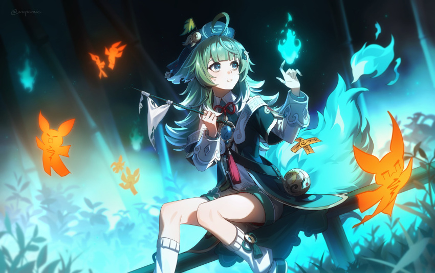 1girl ahoge animal_ears bamboo bamboo_forest blue_fire blunt_bangs fiery_tail fire flag forest fox_ears fox_girl ghost_tail green_eyes green_hair hat highres holding holding_flag honkai:_star_rail honkai_(series) huohuo_(honkai:_star_rail) nature paper_doll paw-shaped_pupils shorts sitting socks sweatdrop tail tail_(honkai:_star_rail) weyowang white_flag white_socks yin_yang yin_yang_hair_ornament