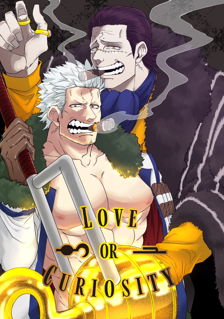 2boys abs absurdres ascot bara bare_pectorals chiseled_face cover cover_page crocodile_(one_piece) doujin_cover english_text facial_hair hair_slicked_back highres hook_hand large_hands large_pectorals looking_at_viewer male_focus mature_male medium_sideburns multiple_boys muscular muscular_male nipples one_piece pectorals scar scar_on_face scar_on_forehead short_hair sideburns_stubble smoker_(one_piece) sparse_stubble stitches stubble tsurime upper_body white_hair wol_1014 yaoi
