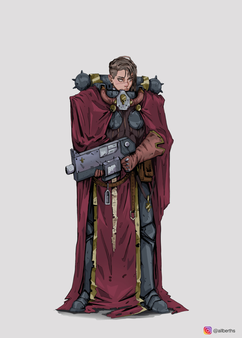 1girl abosargsyan absurdres adepta_sororitas armor backpack bag bolter brown_hair cape gloves highres power_armor purity_seal scar scar_on_face shaved_head simple_background skirt skull solo warhammer_40k weapon yellow_eyes