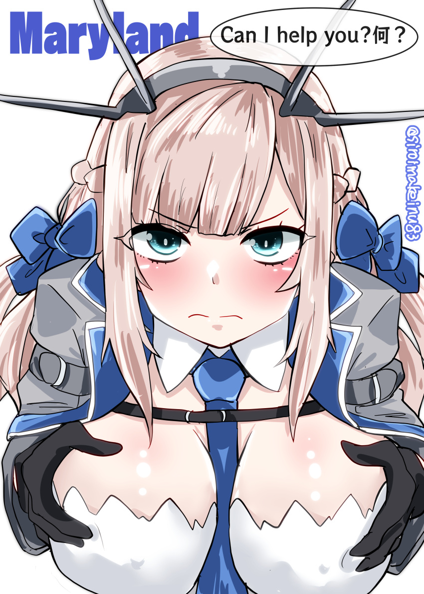 1girl absurdres between_breasts bilingual black_gloves blue_bow blue_eyes blue_necktie bow braid breasts capelet character_name gloves grey_capelet headgear highres kantai_collection kitahama_(siroimakeinu831) large_breasts light_brown_hair long_hair looking_at_viewer low_twintails maryland_(kancolle) mixed-language_text multicolored_capelet necktie necktie_between_breasts one-hour_drawing_challenge shirt side_braids solo text_background twintails twitter_username upper_body white_background white_shirt