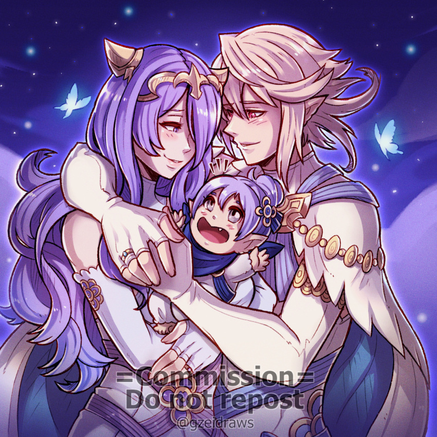 1boy 2girls artist_name baby camilla_(adrift)_(fire_emblem) camilla_(fire_emblem) commission corrin_(fire_emblem) corrin_(male)_(adrift)_(fire_emblem) corrin_(male)_(fire_emblem) family fingerless_gloves fire_emblem fire_emblem_fates fire_emblem_heroes gloves grey_hair gzei hair_bun highres jewelry kana_(fire_emblem) multiple_girls official_alternate_costume purple_hair ring smile tiara twitter_username wedding_ring