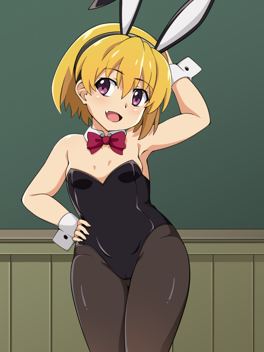 1girl animal_ears black_hairband black_leotard black_pantyhose blonde_hair bow bowtie chalkboard commentary_request detached_collar fang hairband hand_on_own_hip highres higurashi_no_naku_koro_ni houjou_satoko leotard pantyhose plar0846 playboy_bunny purple_eyes rabbit_ears red_bow red_bowtie short_hair skin_fang smile solo strapless strapless_leotard wrist_cuffs