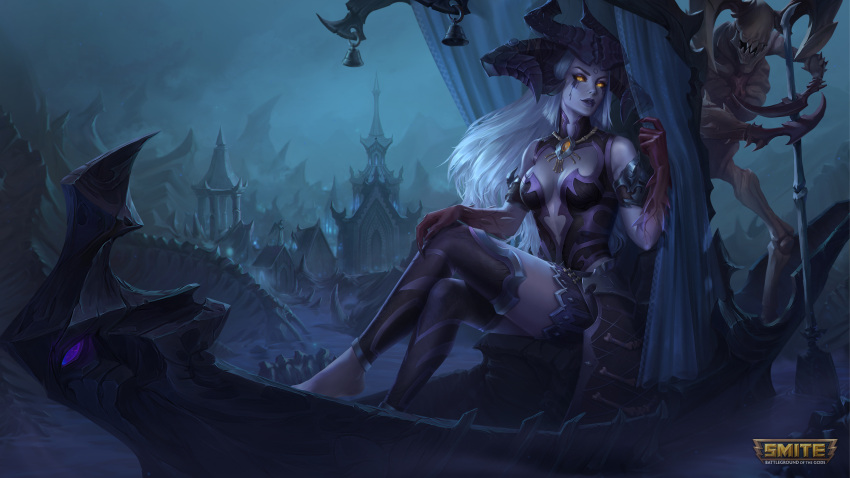1girl absurdres black_sclera black_thighhighs breasts cleavage colored_sclera colored_skin copyright_name gaston_aguilera gloves grey_skin highres horns logo long_hair looking_at_viewer medium_breasts official_alternate_costume orange_eyes persephone_(smite) persephone_(smite)_(oblivion_ruler) red_gloves sitting smite solo thighhighs white_hair