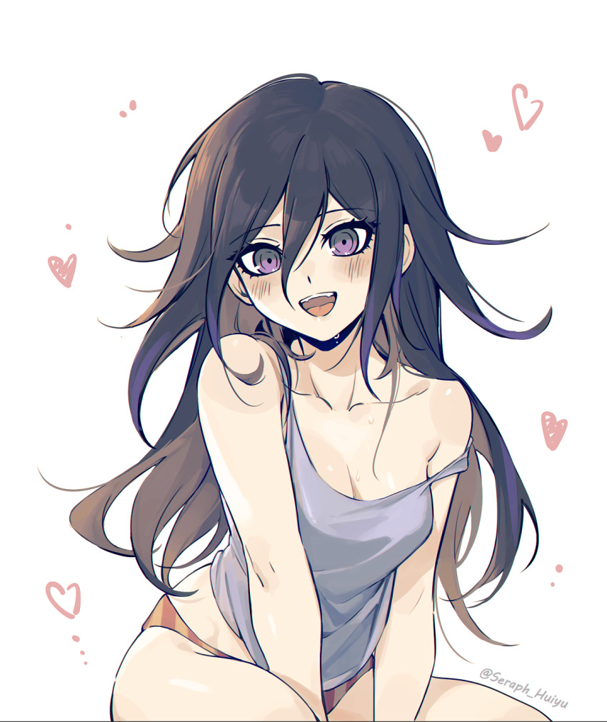 1girl black_hair blush breasts danganronpa_(series) danganronpa_v3:_killing_harmony ewa_(seraphhuiyu) genderswap genderswap_(mtf) hair_between_eyes heart highres long_hair looking_at_viewer medium_breasts multicolored_hair off_shoulder oma_kokichi open_mouth panties purple_eyes purple_hair simple_background solo striped_clothes striped_panties sweat tank_top twitter_username underwear white_background