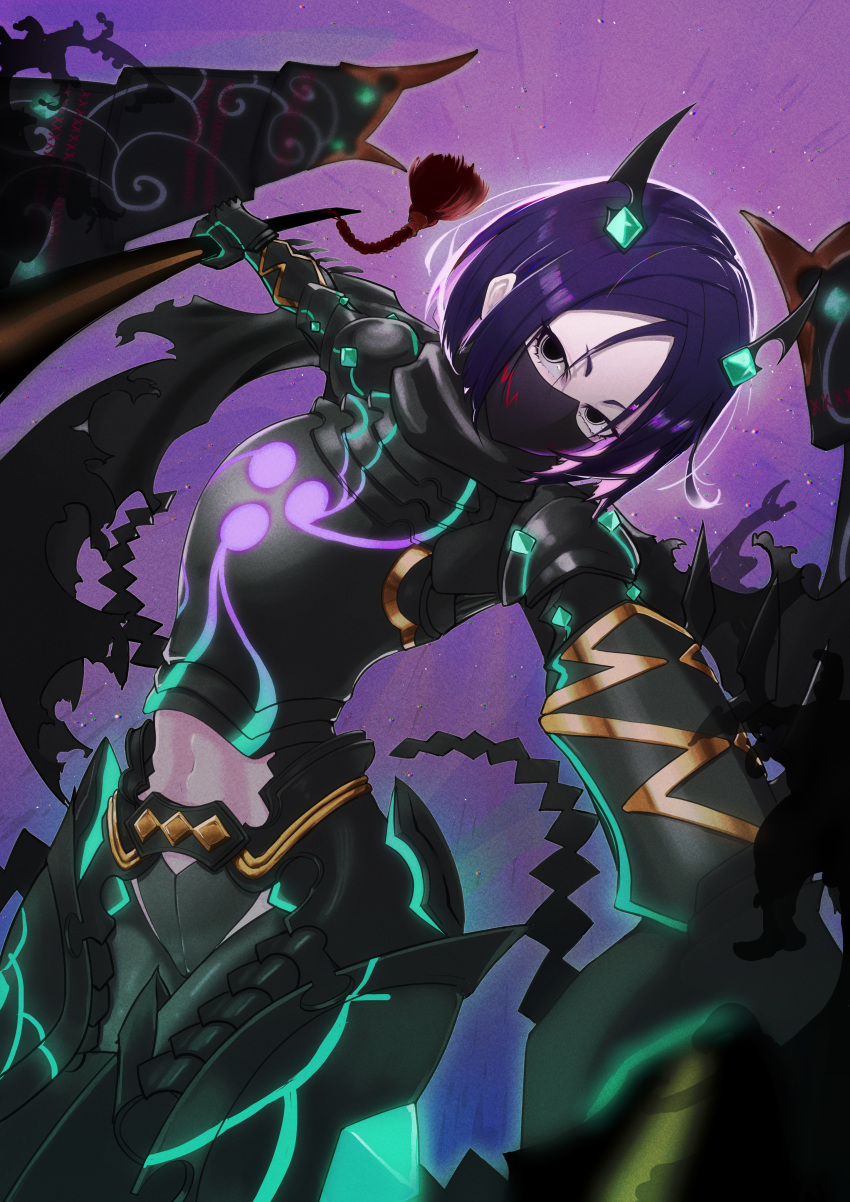 1girl absurdres armor atenderliver black_armor black_bodysuit black_eyes black_scarf bodysuit breasts dou fate/grand_order fate/samurai_remnant fate_(series) hair_ornament highres japanese_armor katana kote looking_at_viewer mask medium_breasts minamoto_no_raikou_(fate) mouth_mask neon_trim parted_bangs purple_hair rider_(fate/samurai_remnant) scarf short_hair shoulder_armor sode solo sword thighs weapon