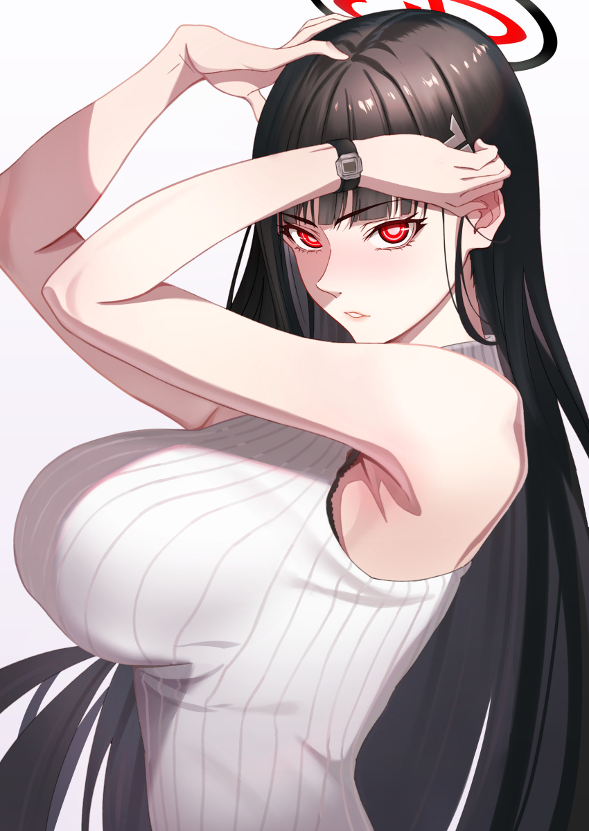 absurdres armpit_crease arms_up black_hair blue_archive breasts halo hand_in_own_hair highres large_breasts long_hair looking_at_viewer parted_lips red_eyes ribbed_sweater rio_(blue_archive) simple_background sleeveless sleeveless_sweater sweater very_long_hair wakusei-planet watch white_background white_sweater