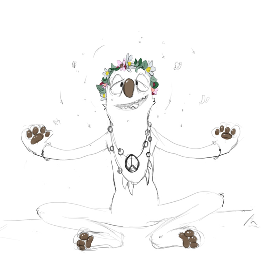2022 anthro brown_nose brown_pawpads bugsnax digital_media_(artwork) female flower flower_crown grumpus half-closed_eyes hi_res jewelry narrowed_eyes necklace pawpads peace_symbol plant shaibey shelda_woolbag simple_background sitting sketch smile solo spread_arms teeth tongue white_background young_horses