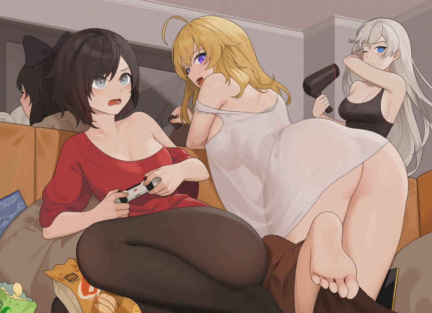 ahoge ass bag_of_chips barefoot bent_over black_hair black_pantyhose black_shirt blake_belladonna blonde_hair blue_eyes book breasts cleavage closed_mouth controller couch game_controller grey_eyes hair_dryer highres holding holding_book holding_controller holding_game_controller holding_hair_dryer indoors large_breasts long_hair long_sleeves looking_back medium_hair off_shoulder one_eye_closed open_book open_mouth pantyhose pillow playing_games purple_eyes reading ruby_rose rwby shirt sitting sleeveless sleeveless_shirt standing sweatdrop tank_top teeth tongue undressing wangxiii weiss_schnee white_hair white_shirt yang_xiao_long
