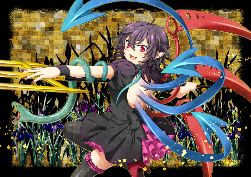 ahoge alternate_costume asymmetrical_wings bad_id bad_pixiv_id black_hair black_legwear blue_wings dress earrings fangs fingernails floral_background flower frills from_behind from_side high_heels highres houjuu_nue iris_(flower) jewelry kuronohana long_fingernails nail_polish open_mouth pointy_ears polearm red_eyes red_wings shoes short_hair smile snake solo thighhighs touhou trident weapon wings zettai_ryouiki