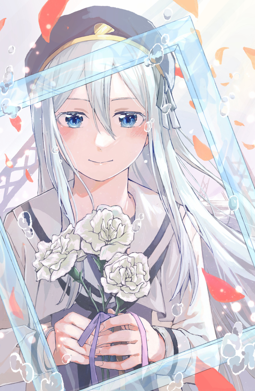 1girl 25-ji_no_jounetsu absurdres ano_hi_kanadeta_neiro_wo_(project_sekai) beret black_headwear blue_eyes blush bubble commentary dress falling_petals flower grey_hair hair_between_eyes hat highres holding holding_flower looking_at_viewer petals project_sekai sailor_collar satou_(user_hgzc3532) smile solo straight-on swept_bangs truss upper_body white_dress white_flower white_sailor_collar yoisaki_kanade