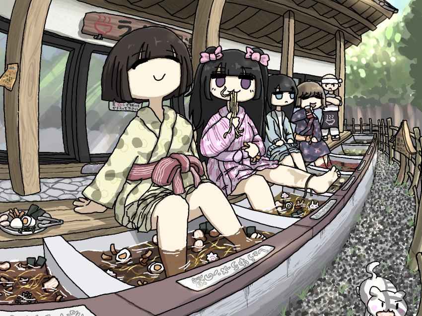 1boy 4girls :3 =_= bald bathrobe black_hair blunt_bangs blunt_ends blush bow brown_hair character_request egg fisheye food foot_bath fuchina_(fucinami) hair_bow hardboiled_egg highres long_hair long_sleeves multiple_girls noodles original outdoors pink_bow short_hair smile solid_eyes soup tongs translation_request two_side_up