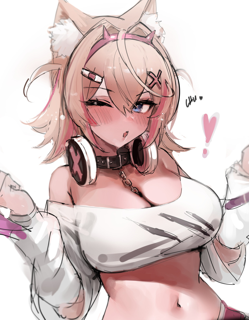 1girl absurdres adapted_costume alternate_breast_size animal_collar animal_ear_fluff animal_ears bandaid bandaid_hair_ornament black_choker blonde_hair blue_eyes blush breasts choker cleavage clenched_hands collar commentary dog_ears dokuro_deluxe english_commentary hair_ornament hands_up headphones headphones_around_neck heart highres hololive hololive_english looking_at_viewer mococo_abyssgard mococo_abyssgard_(1st_costume) multicolored_hair navel off-shoulder_shirt off_shoulder one_eye_closed pink_hair puckered_lips shirt sketch solo streaked_hair virtual_youtuber white_shirt x_hair_ornament