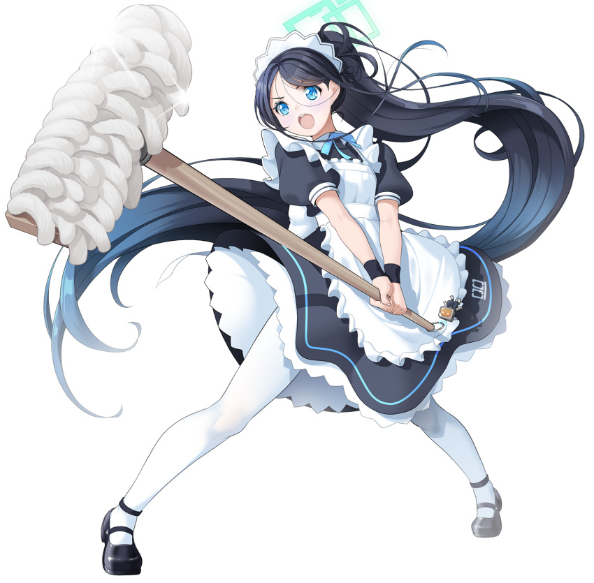 &lt;key&gt;_(robot)_(blue_archive) 1girl absurdly_long_hair apron aris_(blue_archive) aris_(maid)_(blue_archive) black_dress black_footwear black_hair blue_archive blue_eyes blush commentary_request dress frilled_apron frilled_dress frills halo highres holding holding_mop koflif long_hair maid maid_headdress mop official_alternate_costume open_mouth pantyhose ponytail puffy_short_sleeves puffy_sleeves revision shoes short_sleeves simple_background solo very_long_hair white_apron white_background white_pantyhose